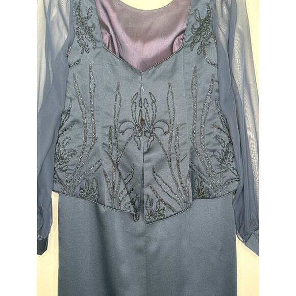 1990s Eve of Milady Navy Beaded Evening Dress with Sheer Sleeves M - L - Picture 14 of 14